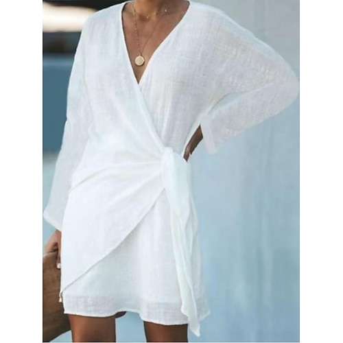Damen Minikleid Baumwoll-Leinen-Kleider Kaftan Kleid Weißes Kleid Strandkleid Mode Modern Chinoiserie Outdoor Urlaub Ausgehen Normale Passform Einfach Langarm V Ausschnitt Weiß Sommer Frühling Image