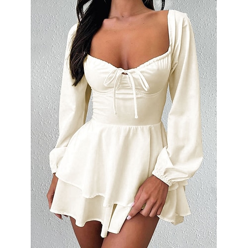 Damen Minikleid Weißes Kleid Freizeitkleid Mode Sexy Modern Outdoor Party Ausgehen Normale Passform Einfach Langarm Quadrathals Schwarz Weiß Rote Burgunderrot Sommer Frühling Image