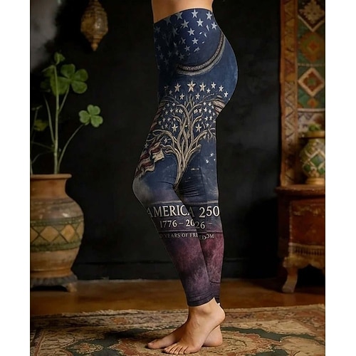 Unabhängigkeitstag Amerikanisches 250. Jubiläum Patriotisches Damen Leggings Urlaub Vintage Ethnischer Stil Voll-Länge Hohe Taille Hose Blumen Grafik Baum 3D Druck Komfort Schnell trocknend Image