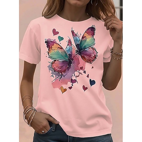Damen T Shirt Druck Grafik Tiermotiv Schmetterling Vintage Stilvoll Basic Kurzarm Rundhalsausschnitt Rundhals Normale Oberteile Täglich Wochenende Blau weiß Rot Schwarz Weiß Gelb Sommer Frühling Image