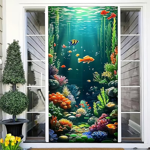 Türbanner mit Unterwasserwelt-Aquarium-Motiv, bunte Meeresfische, Korallenriff-Wanddekoration, Veranda-Dekoration Image