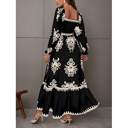 Damen Maxikleid A Linie Kleid Blumenkleid Elegant Mode Modern Outdoor Urlaub Party Normale Passform Blumen Langarm Quadrathals Schwarz Burgunderrot Braun Aprikose Frühling Herbst Image