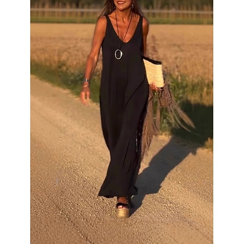 Damen Maxikleid Weißes Kleid Freizeitkleid Westenkleid Unterkleid Elegant Mode Modern Outdoor Urlaub Ausgehen Lässiger Schnitt Einfach Ärmellos V Ausschnitt Blau Schwarz Weiß Armeegrün Sommer Frühling Image