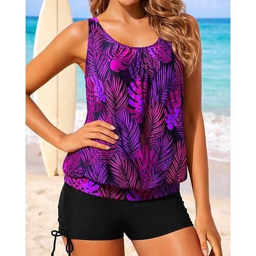 Damen Geraffter Tankini 2 Teile Tropisch UV Schutz Elastisch Ärmellos Bademode Surfen Strand Schwimmen Sommer Image
