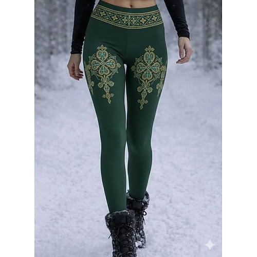 Damen Leggings Urlaub Vintage Ethno-Stil Volle Länge Hohe TaillePantsSt. Patrick Tag Grafik 3D-Druck Komfort Schnelltrocknend Atmungsaktivität Dehnbar Täglich Heim Urlaub Weiss - Grün Dunkelgrün Image