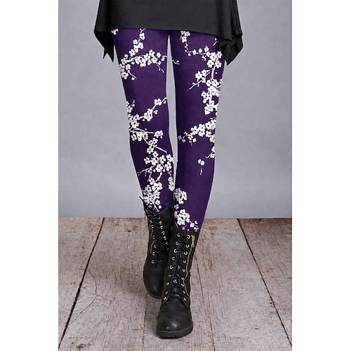 Damen Hosen Hose Leggings Gemütliche Leggings Streetwear Lässig Volle Länge Hohe Taille Blumen Elastischer Bund Druck Atmungsaktivität Bequem Dehnbar Urlaub Straße Alltagskleidung Rot Blau Purpur Image