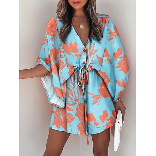 Damen Minikleid Freizeitkleid A Linie Kleid Mode Modern Täglich Strand Urlaub Lässiger Schnitt Blumen Tropisch Dreiviertelarm V Ausschnitt Blau Gelb Rosa Marineblau Sommer Frühling Image