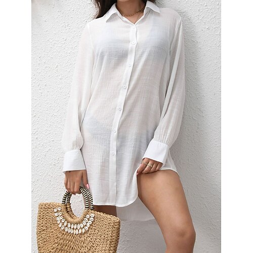Damen Minikleid Weißes Kleid Strandkleid Hemdblusenkleid Überwurf Elegant Mode Klassisch Täglich Outdoor Strand Lässiger Schnitt Einfach Langarm Hemdkragen Weiß Sommer Frühling Image