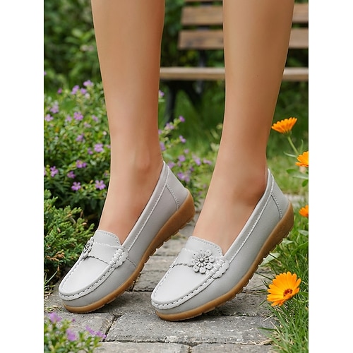 Gelbe, bequeme Mokassins für Damen – lässige Schuhe mit Blumenmuster aus Kunstleder, ideal für Arbeit, Shopping, Reisen und Alltag Image