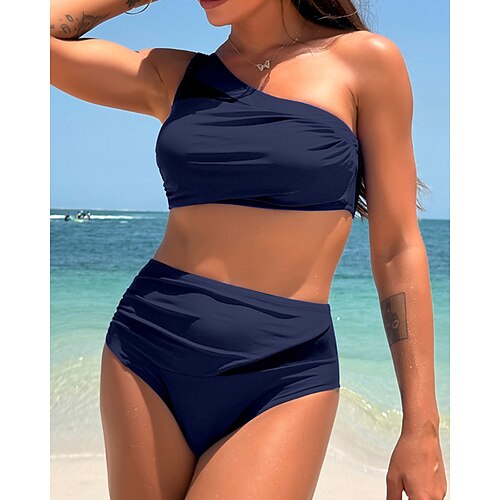 Damen Badeanzug Zweiteilig Freche Unterhose Bademode Gerafft Rückenfrei Urlaub Strandbekleidung Einfach Asymmetrischer Ausschnitt Ärmellos Badeanzüge Image