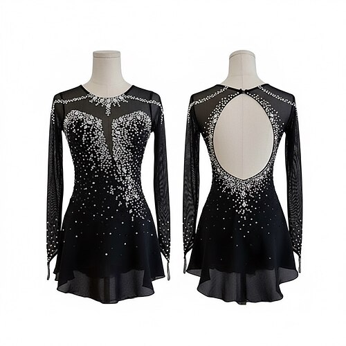 Eiskunstlaufkleid Damen Eislaufen Kleid Schwarz Patchwork Offener Rücken Hohe Elastizität Training Wettbewerb Eiskunstlaufkleidung Klassisch Kristall / Strass Langarm Eislaufen Eiskundstlauf Image