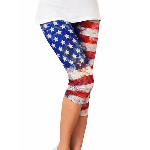Leggings für Damen zum amerikanischen Unabhängigkeitstag – Urlaubsmode, Streetwear, Caprihosen, hohe Taille, Grafikflagge, bequem, weich, komfortabel, hochelastisch, für Alltag, Outdoor, Urlaub, blau, rot, khaki, Sommer, Frühling Image