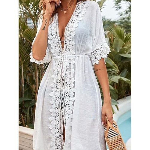 Damen Minikleid Weißes Kleid Strandkleid Überwurf Elegant Mode Klassisch Täglich Outdoor Strand Lässiger Schnitt Einfach Halbarm V Ausschnitt Weiß Sommer Frühling Image