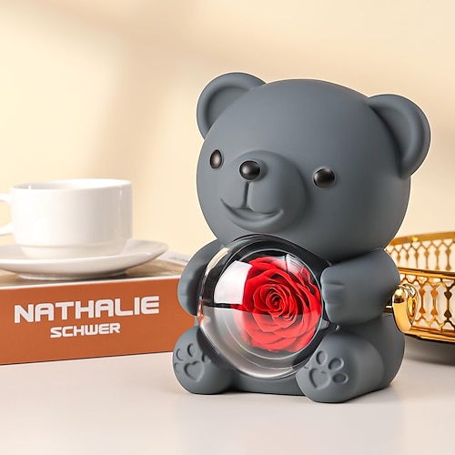 Niedlicher Teddybär mit konservierter Rose – eine echte Rose im Bären, verpackt in einer eleganten Geschenkbox – ein romantisches Geschenk für sie zum Muttertag, zur Hochzeit, zum Jahrestag oder zur Image