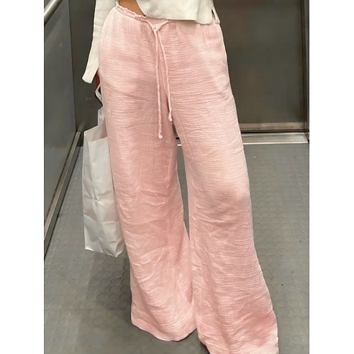 Damen Kunstbaumwollleinen Sommerhose Strandhose Urlaub Mode Lässig Volle Länge Mittlere Taillenlinie Einfach Kordelzug Patchwork Komfort Unelastisch Täglich Outdoor Ferien Weiß Rosa Himmelblau Grün Image