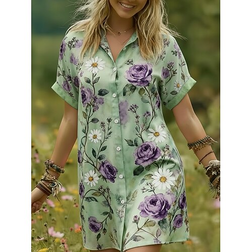 Damen Minikleid Boho-Kleid Hemdblusenkleid Freizeitkleid Vintage Täglich Outdoor Strand Lässiger Schnitt Blumen Kurzarm Hemdkragen Grün Sommer Frühling Image