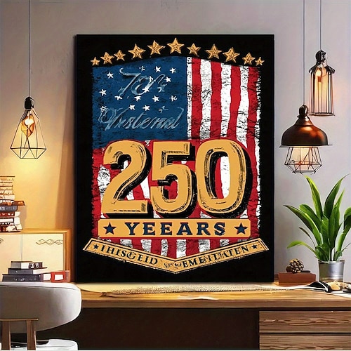 Vintage amerikanische Flagge Leinwandkunst - 250 Jahre patriotische Wanddekoration mit Sternen Streifen rahmenloser Leinwanddruck für Wohnzimmer Schlafzimmer Büro Bar Café Image