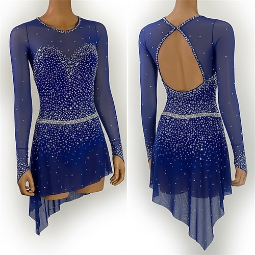 Eiskunstlaufkleid Damen Eislaufen Kleid Marineblau Patchwork Offener Rücken Dehnbar Training Wettbewerb Eiskunstlaufkleidung Klassisch Kristall / Strass Langarm Eislaufen Eiskundstlauf Image