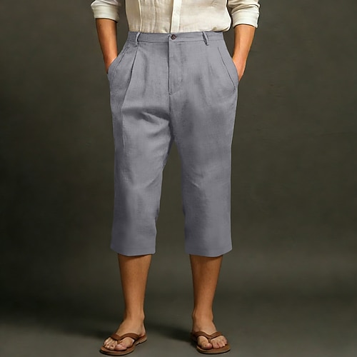 Herren Leinenhosen Caprihose Sommerhose Tasche Elastischer Bund Einfach Komfort Atmungsaktiv Wadenlang Täglich Outdoor Strand Mode Klassicher Stil Blau Cachi scuro Mikroelastisch Image