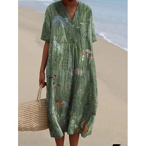 Damen Midikleid Blumenkleid Druckkleid Mode Modern Outdoor Urlaub Ausgehen Lässiger Schnitt Blumen Kurzarm V Ausschnitt Blau Hellgrün Armeegrün Rote Sommer Frühling Image