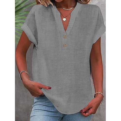 Damen Bluse Knöpfe Einfarbig Stilvoll Lässig Kurzarm V Ausschnitt Normale Oberteile Täglich Blau Schwarz Weiß Rote Aprikose Sommer Frühling Image