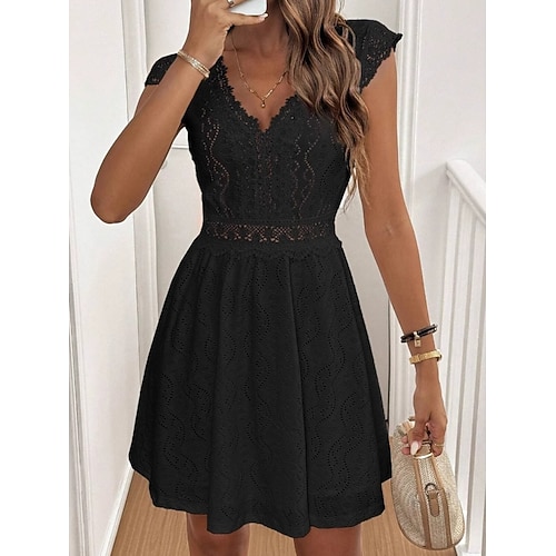 Damen Minikleid Weißes Kleid Spitzenkleid Freizeitkleid Elegant Mode Modern Outdoor Urlaub Ausgehen Normale Passform Einfach Langarm V Ausschnitt Schwarz Weiß Purpur Sommer Frühling Image