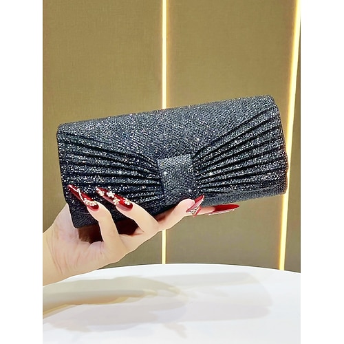 Elegante Damen-Abendclutch aus schimmerndem Polyester mit Falten und Kettenriemen, mehrfarbige, formelle Handtasche für Hochzeiten, Empfänge und Dinnerpartys Image