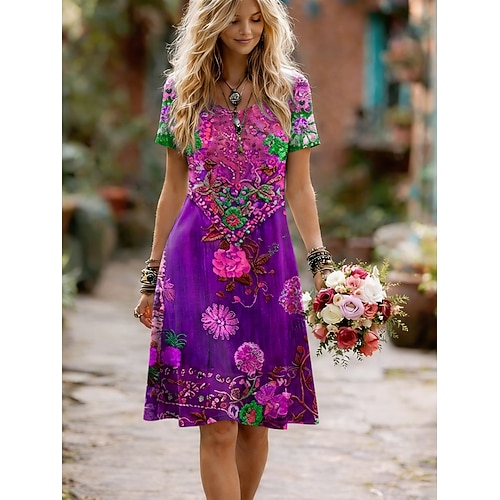 Damen Midikleid T-Shirt-Kleid Shiftkleid Lässig Täglich Normale Passform Blumen Grafik Kurzarm Rundhalsausschnitt Rote Königliches Blau Purpur Grün Sommer Frühling Image