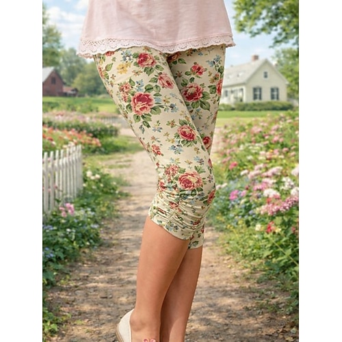Damen Leggings Urlaub Mode Streetwear Capris Hohe Taille Blumen Grafik Komfort Weich Bequem Dehnbar Täglich Outdoor Urlaub Blau Grün Khaki Sommer Frühling Herbst Schmale Passform Image