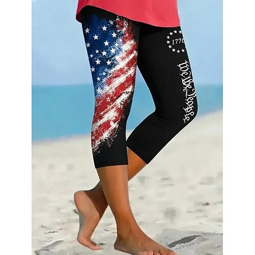 Unabhängigkeitstag Amerikanisches Jubiläum Patriotisches Damen Capri Hosen Leggings Urlaub Hawaiian Stilvolle Capris Mittlere Taillenhosen Grafische Nationalflagge Komfort Hohe Elastizität Urlaub Image