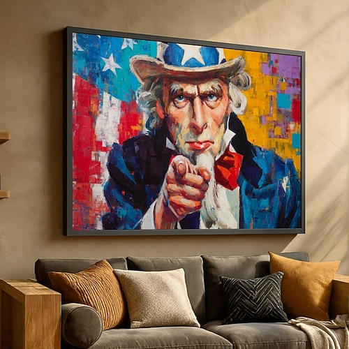 Patriotische Onkel Sam Leinwandwandkunst Farbige amerikanische Flaggenmalerei Zeigefinger-Dekor Moderne Americana Leinwand Image