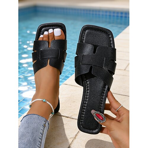 Rosafarbene, strukturierte Damen-Sandalen aus Kunstleder – schicker Sommer-Resort-Stil, bequeme Sandalen mit eckiger Zehenpartie zum Entspannen am Pool und für Strandurlaube. Image