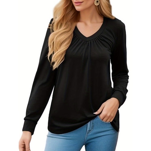 Damen T Shirt T-Shirt Gerafft Einfach Mode Klassisch Lässig Langarm V Ausschnitt Normale Oberteile Täglich Ausgehen Wochenende Schwarz Weiß Rosa Armeegrün Frühling Herbst Image