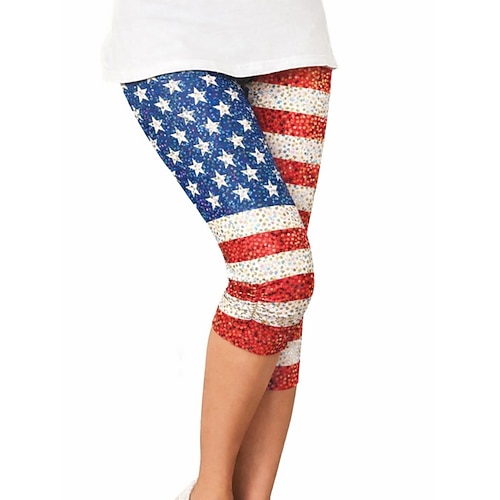 Leggings für Damen zum amerikanischen Unabhängigkeitstag – Urlaubsmode, Streetwear, Caprihosen, hoher Bund, Flagge, bequem, weich, dehnbar, für Alltag, Outdoor, Urlaub, blau, rot, Sommer, Frühling, Herbst, schmale Passform Image
