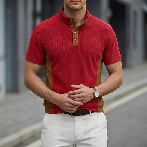 Herren Cordhemd Henley Hemd T-Shirt Kurzarm Einfarbig Einfach Texture Mode Designer Lässig Knöpfe Stehkragen Henley Lässig Täglich Outdoor Sommer Frühling Herbst Dunkel Braun Schwarz Weiß Henley Image