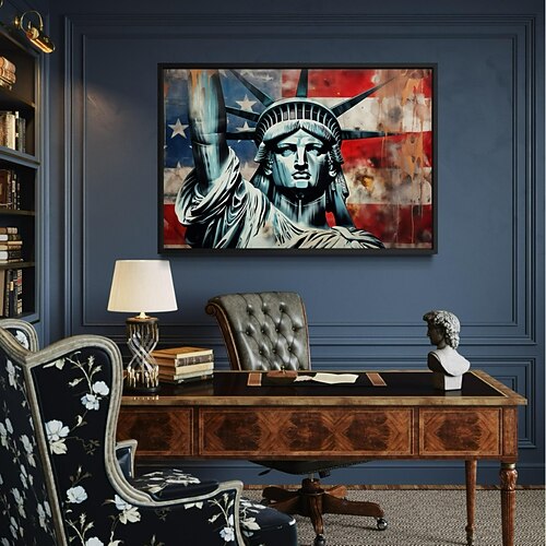 Freiheitsstatue Wandkunst – Amerikanische Flagge Leinwanddruck patriotische USA Kunstwerke Freiheit Gemälde für Büro Zuhause oder Studienraum Dekor Image
