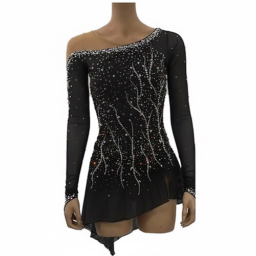 Eiskunstlaufkleid Damen Eislaufen Kleid Schwarz Patchwork Asymmetrischer Saum Hohe Elastizität Training Wettbewerb Eiskunstlaufkleidung Klassisch Kristall / Strass Langarm Eislaufen Eiskundstlauf Image