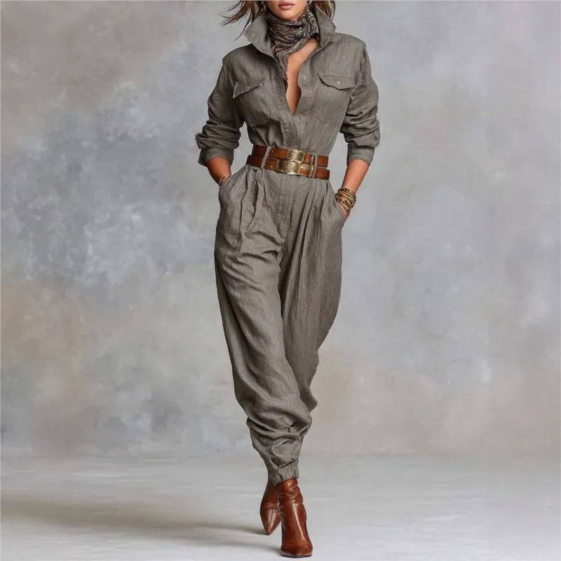 Tuta da donna casual per pendolarismo primavera autunno Tuta a vita alta a maniche lunghe a mezza manica tinta unita alla moda (senza cintura)