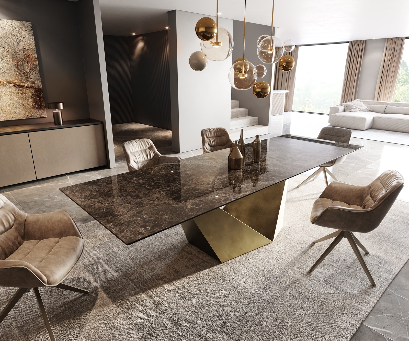 DELIFE Esstisch Edge 300x100 Keramik Laminam® Emperador Extra Lucidato Dunkelbraun Prisma Metallic Gold, Esstische Image