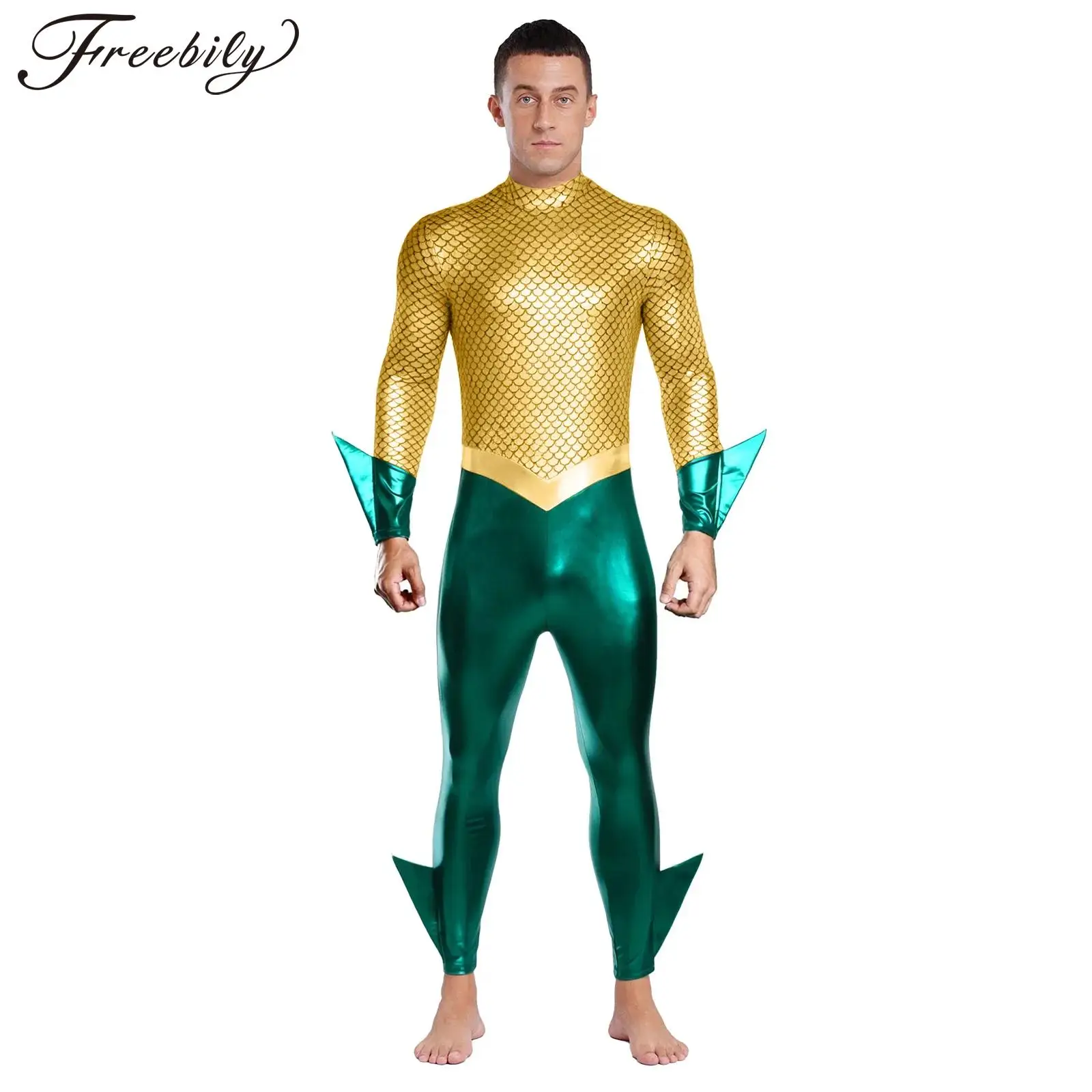 Männer Film Aquaman König des Meeres Cosplay Kostüm Fischschuppen Druck Metallic Glänzend Langarm Overall für Halloween Mottoparty Image