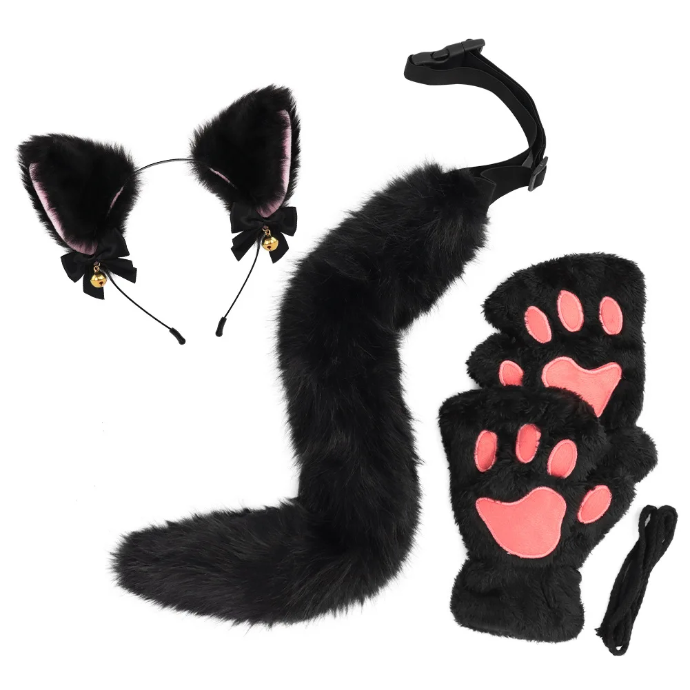Schwarze Katzenkostüme, Katzenohren, Stirnband, Schwanzpfoten, Handschuhe, Halsband-Set, Kostüme für Frauen, Halloween-Kostümzubehör für Erwachsene Image