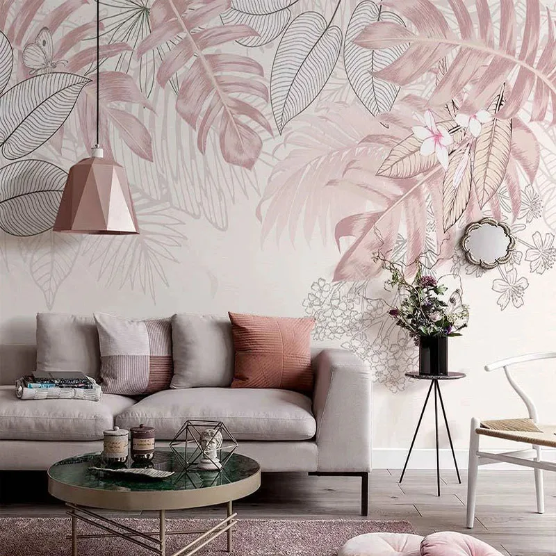 Foto Tapete Nordic Ins Hand bemalt Rosa Tropischen Pflanzen Blätter Indoor Wohnzimmer Hintergrund Wandbild Papel De Parede 3D