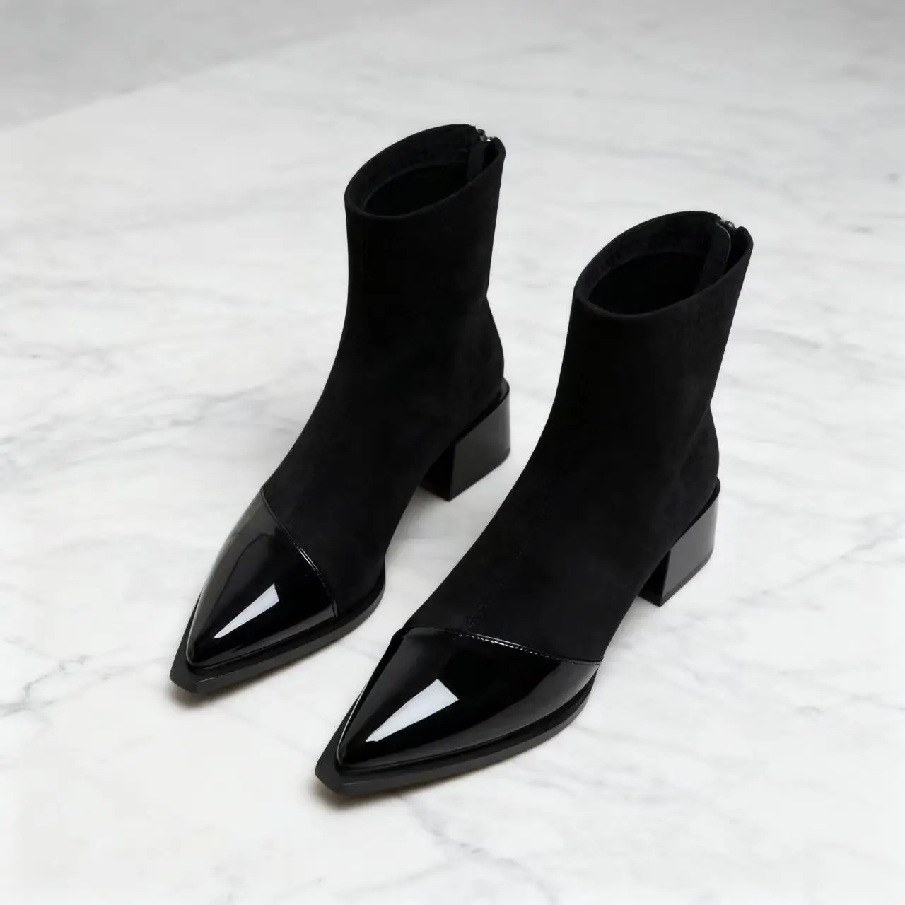 Elegante Damen-Stiefeletten mit spitzem Zehenbereich und klobigem Absatz, rutschfeste Gummisohle, Reißverschluss hinten, formelle und Freizeitschuhe, schwarze Stiefel Image