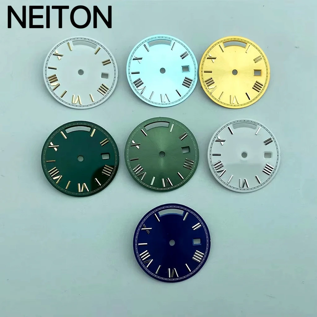 NEITON Grün, Schwarz, Weiß, Blau, Gold, Zifferblatt, 28,5 mm, leuchtendes Logo/Design, Tag- und Datum, passend für St1644-Uhrwerk Image