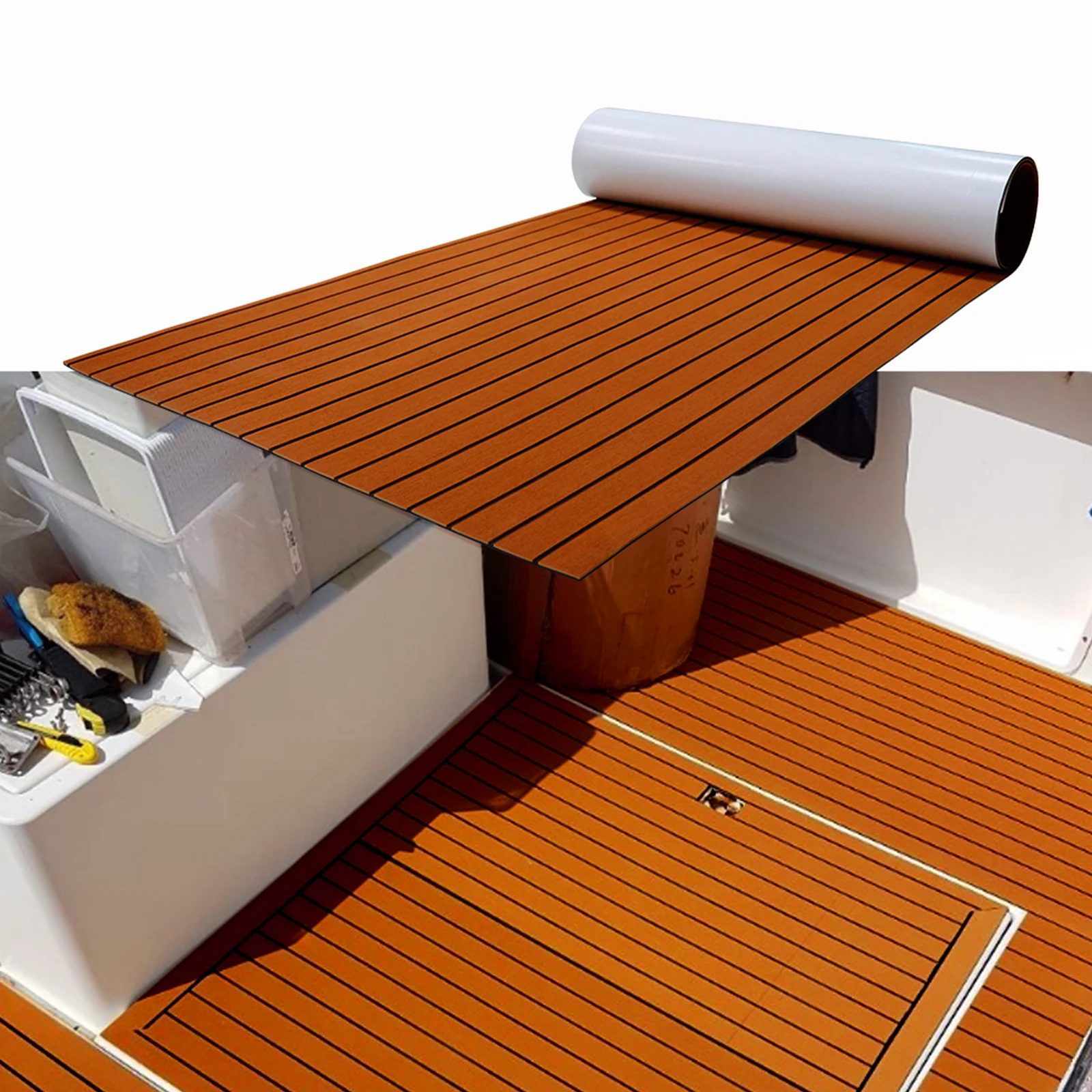 EVA-Schaum Teakholz-Bootsdeck-Platten Selbstklebende Marine-Yacht-RV-Bootsbodenmatten Decking-Pad 240 cm x 90 cm Braun Image