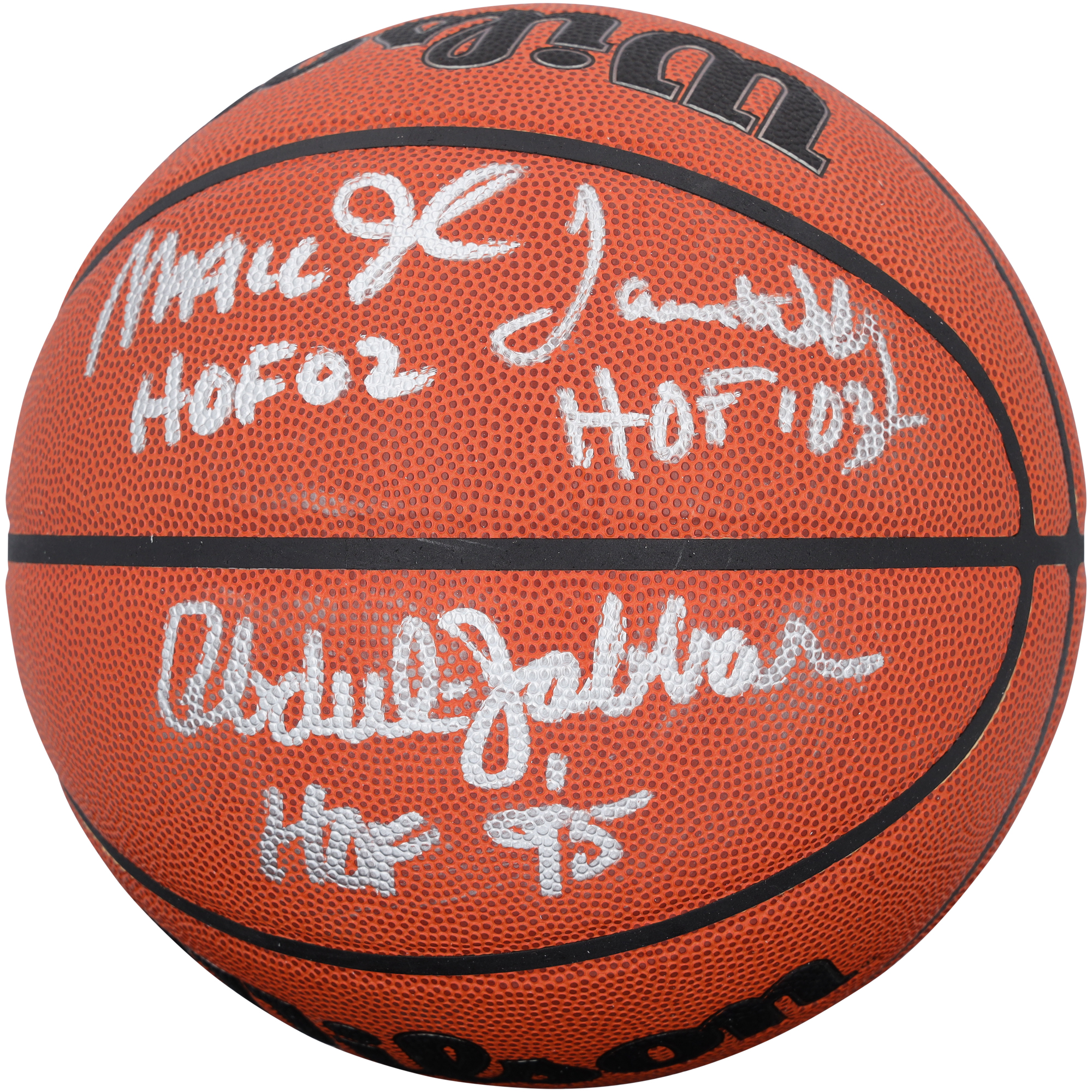 Signierter Basketball der Wilson Authentic Series für die Los Angeles Lakers (Wilson, Indoor/Outdoor) mit Unterschriften von Magic Johnson, Kareem Abdul-Jabbar und James Worthy sowie Inschriften der Hall of Fame Image