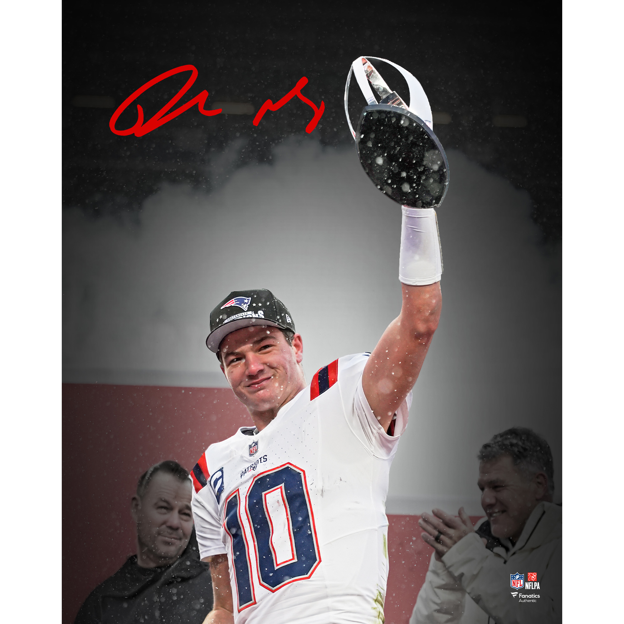 Drake Maye, New England Patriots, signiertes 16" x 20" Foto mit der AFC-Meisterschaftstrophäe 2025 Image