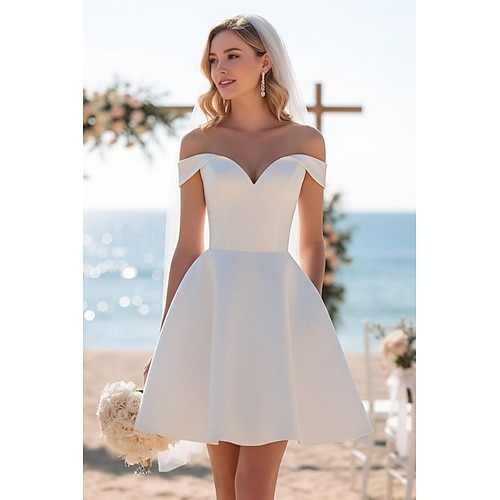Linea ad A Sirena Tromba Corto Mini Abito in Raso Abito da ritorno a casa Abiti da sposa Abito da sposa Piccoli Abiti Bianchi Senza Maniche Scollo a Cuore Matrimonio Laurea Raso con Pieghe