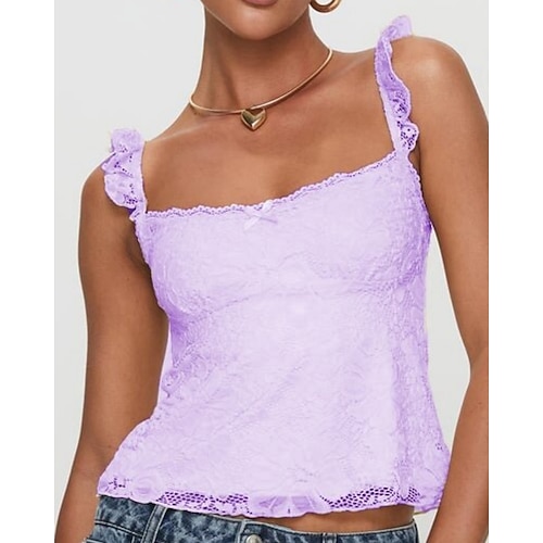 Per donna Blusa Canotta a canotta Maglietta senza maniche Bordo in pizzo Senza schiena Semplice Elegante Sexy Senza Maniche Colletto a Camicia Top corti Quotidiano Abbigliamento da sera Ferie Blu