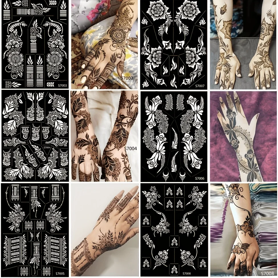 XMASIR 2/5/10 Blatt temporäre Tattoo-Schablonen, Arm-Hand-Tattoos, Vorlage, indischer arabischer Glitzer, Airbrush-Tattoo-Aufkleber für P Image
